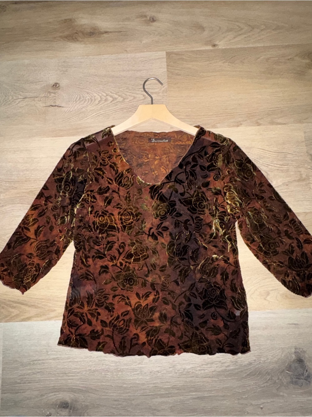 Brown Floral Burnout V-Neck Women's Blouse